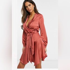 Asos CLUB L mini dress satin wrap dress in rust color new with tags size 6